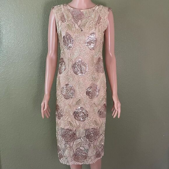 Alexia Admor V-Back Embellished Sequin Midi Dress Women’s Size 2 Zipper Tan - Picture 1 of 12